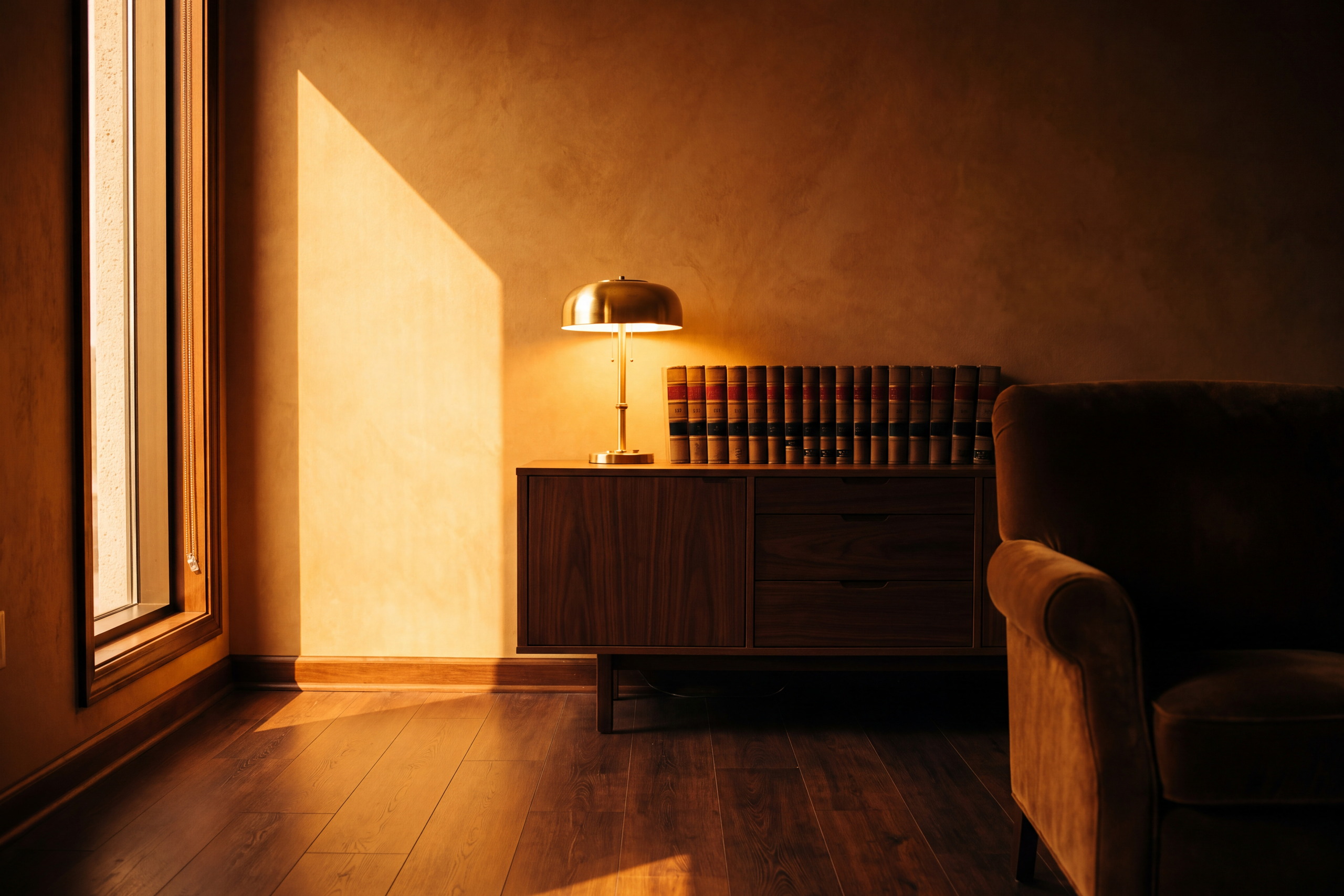 Reading lamp and bound volumes at the firm