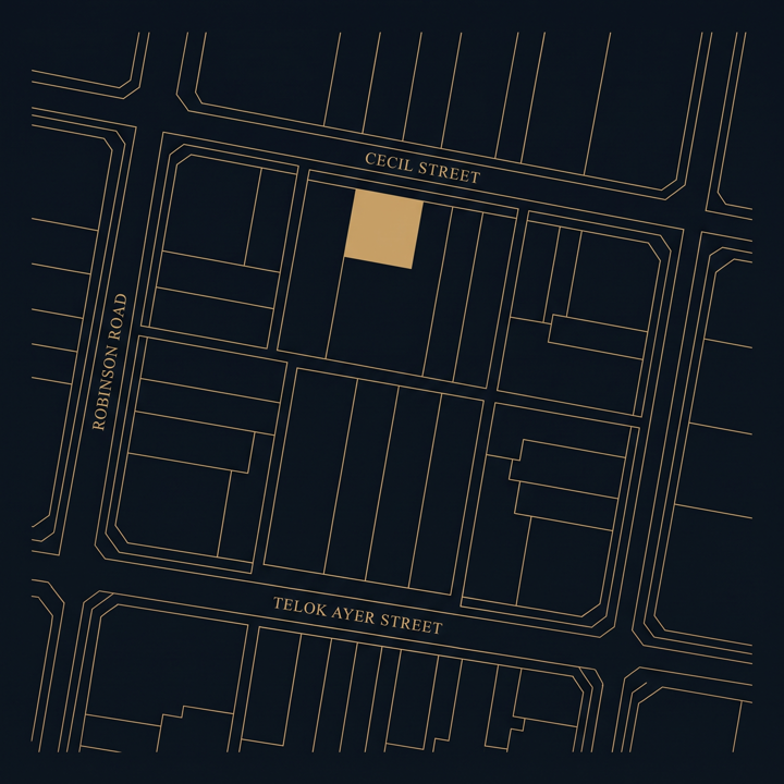 Engraved plan of the Cecil Street and Telok Ayer block, Prudential Tower marked